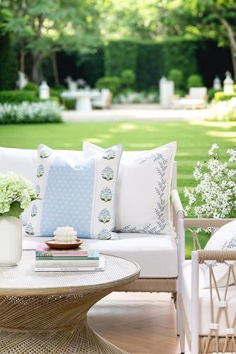 Hofdeco Premium Grandmillennial Coastal Hampton Patio Indoor Outdoor Throw Pillow Cover Only, 20"x20" Water Repellent for Backyard, Couch, Poolside, Blue Green Print Block Striped Lily of the Valley - color: Baby Blue Green Block Print Striped Lily of the