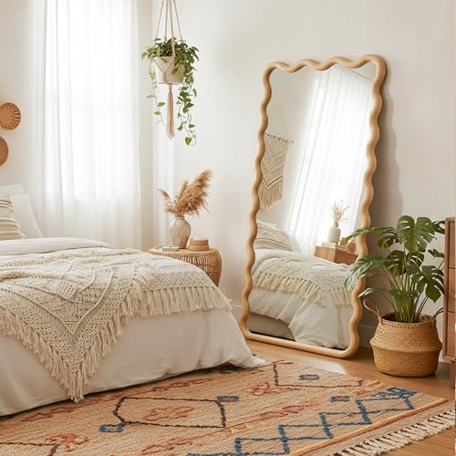 Full Length Mirror, 55"x28" Boho Wavy Wood Floor Mirror, for Bathroom, Bedroom, Living Room, Cloakroom, Entryway - size: 55"L x 28"W