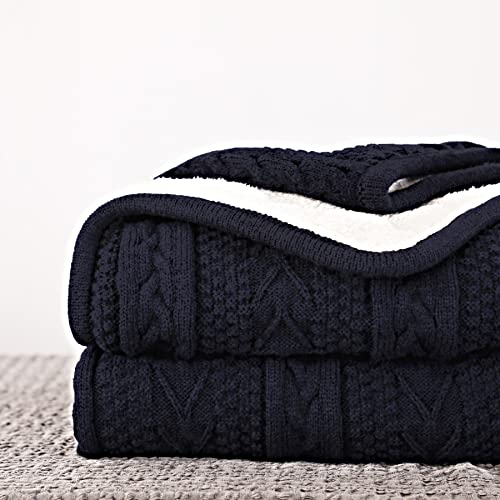 Longhui bedding Acrylic Cable Knit Sherpa Throw Blanket - Thick, Soft, Big, Cozy Navy Knitted Fleece Blankets for Couch, Sofa, Bed - Large 50 x 63 Inches Navy Blue Coverlet All Season - color: Navy, size: 50" x 63", Standard