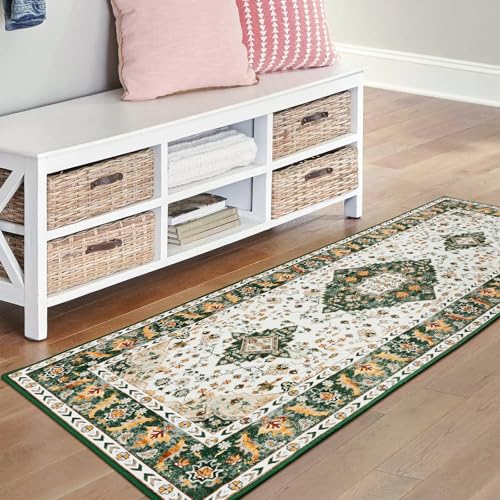 Amearea Vintage Design Runner Rugs for Living Room, 2x6 Machine Washable Floral Collection Traditional Bedroom Rug, Low Pile Cute Kids Room Print Carpet, No Slip Office Kitchen Home Decor, Green - color: Green, size: 2' X 6' (Runner)