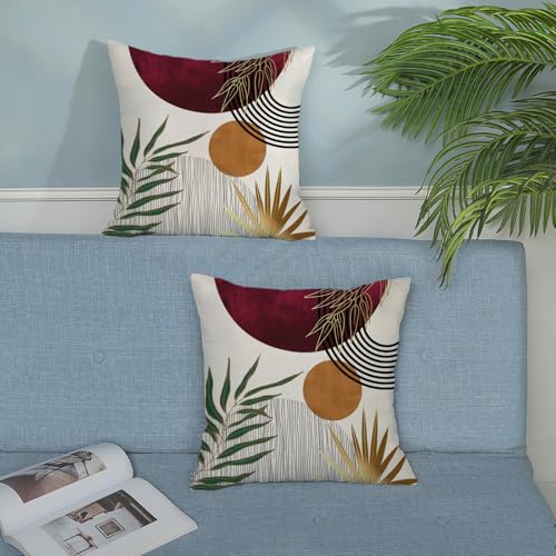 Boho Pillow Covers 18x18 Set of 2 Mid Century Burgundy Red Green Gold Sunset Throw Pillow Covers Outdoor Decor Abstract Bohemian Tropical Leaf Pillowcase Decorative Cushion Case For Couch Sofa - color: Mid-century-burgundy Red, size: 18" x 18" (Pack of 2)