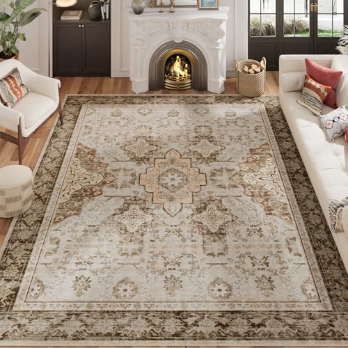 AMTOVO 8x10 Area Rugs for Living Room, Large Non-Slip Washable Rug, Boho Vintage Retro Medallion Print Pattern Carpet for Bedroom Dining Room Home Office Nursery Dorm Farmhouse, Light Brown - color: Light Brown, size: 8' x 10' (Rectangular)