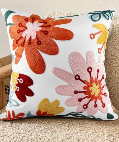 Embroidered Throw Pillow Cover - 18x18 Decorative Pillow Cover with Zipper Aesthetic Cute Design Boho Spring Summer Cozy Throw Pillowcase for Living Room Couch Sofa Bed, Artistic Flowers - color: Artistic Flowers, size: 18" x 18" (Pack of 1)