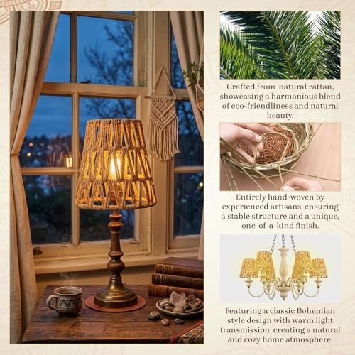 6 Pcs Small Rattan Bell Lamp-Shade, Rattan Lamp Shade,Boho Lamp-Shades Replacement Bohemian Style Light-Shade Replacement for Floor Lamp Pendant Light Wall Sconces(Rattan,Brown,Clip on)