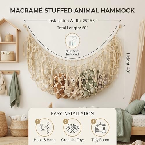 Stuffed Animal Net or Hammock XL for Flat Wall Mounted Handmade Macrame Toy Display Hanging Plush Toy Net for Stuff Animal Storage(Cream) - color: Cream for Wall, size: 60" W