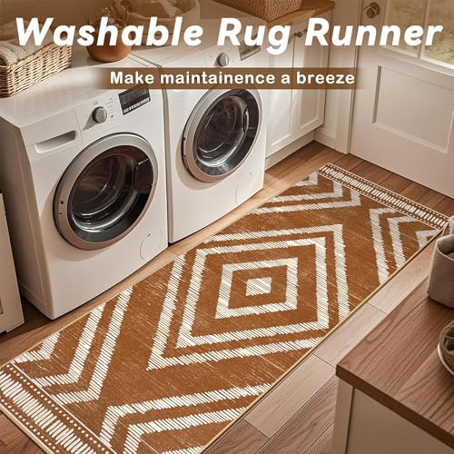 Boho Runner Rugs 2x6ft Non Slip, Brown Washable Rug with Rubber Backing, Soft Moroccan Farmhouse Kitchen Runner, Low Pile Geometric Floor Carpet for Hallway Bedroom Bathroom - color: Brown, size: 2' x 6' (Rectangular)