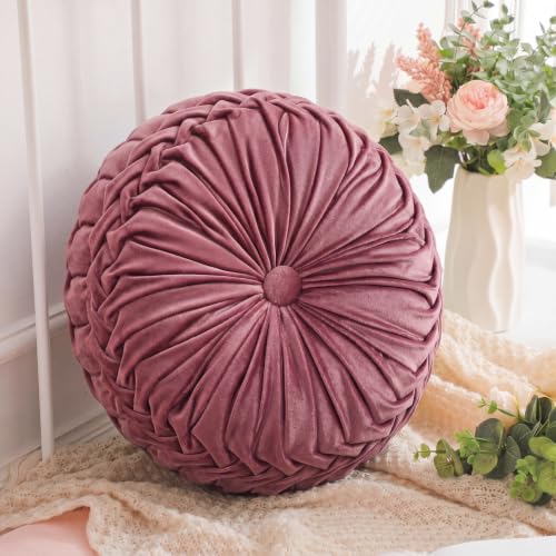 Drydiet 1 Pcs Round Throw Velvet Pillows Decorative Pleated Throw Pillows Diameter Accent Pumpkin Boho Chair Cushion for Couch Sofa Home Decoration (Dusty Mauve Pink, 15'') - color: Dusty Mauve Pink, size: 15''