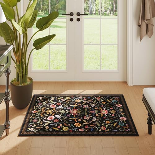 Vintage Medallion Floral Indoor Door Mat 2x3, Machine Washable Entryway Rug, Low Pile Soft Small Carpet, Non-Slip Area Rug for Entrance, Bedroom, Kitchen & Kids Room | Black - color: Black, size: 2' x 3' (Rectangular)