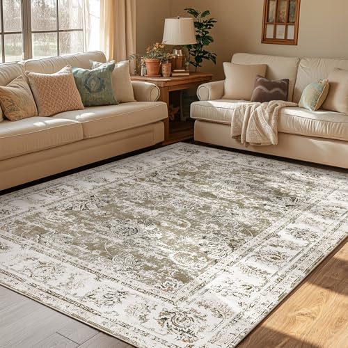 jinchan Fiora Floral Area Rug 5x7, Distressed Vintage Floral Washable Rug with Low-Pile Surface and Non-Slip Backing, for Living Room Bedroom Dining Room Home Office and Family Spaces, Taupe - color: Distressed Taupe, size: 5' x 7' (Light Weight)