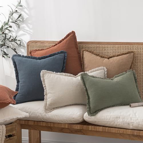 MIULEE Decorative Throw Pillow Covers Neutral Linen Fringe Throw Pillows Set of 2 Brick Boho Farmhouse Cushion Covers with Tassels for Couch Sofa Bed Living Room Spring Home Decor 18x18 Inch - color: Brick, size: 18" x 18" (Pack of 2)