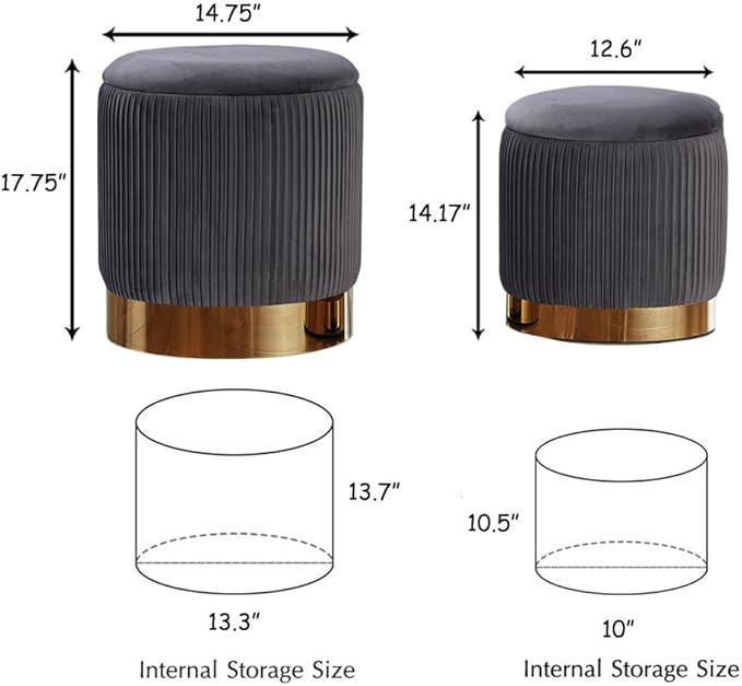 Round Ottoman with Storage Set of 2 Vanity Stool Foot Rest with Removable Lid for Bedroom Gray Velvet Storage Ottoman Coffee Table for Living Room and Dorm (Gray)