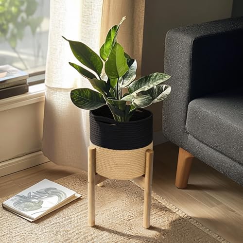 Plant Basket with Stand, Indoor Round Wicker Basket Plant with Bamboo Wood Stand, Decorative Black Woven Cotton Rope Flower Indoor Planter with Legs, Boho Bamboo Wood Planter Holder - color: Black and Jute