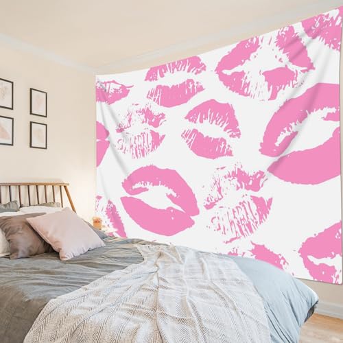 SCECALA Pink Kiss Lips Tapestry Modern Fashion Makeup Wall Art Tapestry Pink and White Fashion Aesthetic Wall Hanging for Girls Bedroom College Dorm Makeup Room Home Decor 60x40 Inch - color: Pink, size: 40"L x 60"W
