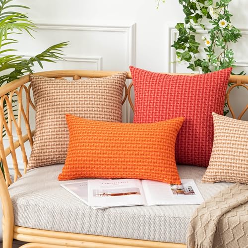 UGASA Fall Outdoor Waterproof Pillow Covers Pack of 2 Weaving Texture Water Resistant Outside Decorative Pillow Cases for Patio Garden Porch Yard Bench Tent 16x16 Inch, Orange - color: Orange, size: 16" x 16" (Pack of 2)