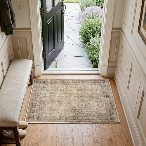 FMFUNCTEX Entryway Rug 2x3 Brown Washable Neutral Vintage Distressed Oriental Door Mat Non Slip Low Pile Indoor Carpet Soft Retro Small Throw Area Rugs for Entry Entrance Bedroom Kitchen Bathroom - color: Brown, size: 2' x 3' (Rectangular)