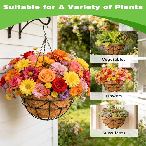 2 Pack 12 Inch Black Metal Hanging Basket Hanging Planter with Coco Coir Liner Heavy Duty Hanging Flower Pot Holder for Indoor Outdoor Patio Garden Porch Balcony Decor (Geometric) - color: Geometric