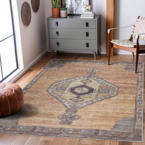 Hauteloom Gresham Boho Vintage Area Rug - Traditional Damask Floral Carpet for Living Room, Bedroom - Machine Washable - Dark Red, Camel, Dark Brown - 5'3" x 7' (5x7) - color: Brown, Camel, Dark Brown / Medinah, size: 5'3" x 7' (Rectangular)