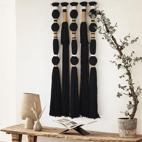 Flber Macrame Wall Hanging Black Sphericity Cotton Tassels Textile Hanging Geometric Yarn Wall Art for Bedroom Living Room Decor 15.7" W x 39" L - color: Black1