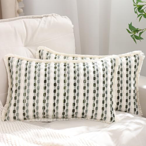 LUOYEHK Chenille Striped Throw Pillow Covers 12x20 Inch Set of 2 Boho Decorative Pillowcases with Fringe Farmhouse Neutral Dark Green Cushion Covers for Couch Sofa Bed Living Room - color: Green Gray, size: 20" x 12" (Pack of 2)