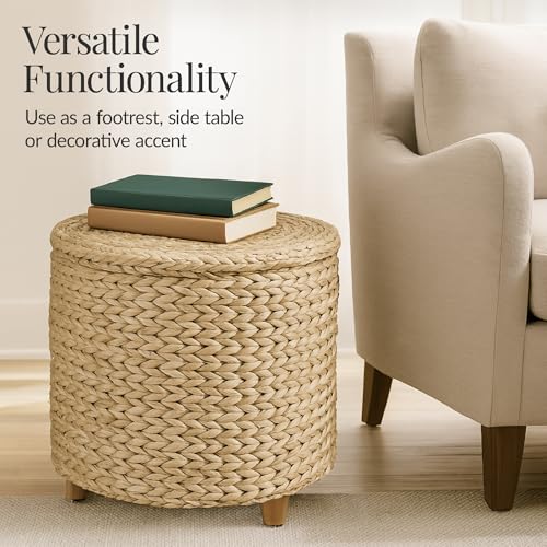 Best Choice Products 17" Round Storage Ottoman W/Lid, Handwoven Water Hyacinth Footstool, Footrest w/Wooden Legs, Accent Side Table, Storage Container, Plant Stand - Natural - color: Natural