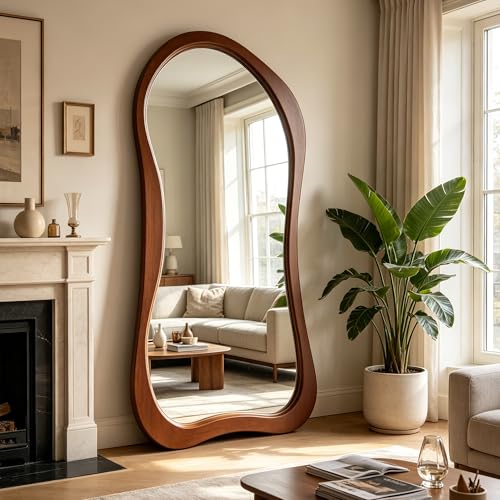 Irregular Full Length Mirror, 71"x33.5" Oversized Organic Floor Mirror with Solid Wood Frame, Large Asymmetrical Mirrors for Entryway Hallway Cloakroom Living Room, Leaning/Wall-Mounted - color: Walnut Wood Frame, size: 71"L x 33.5"W