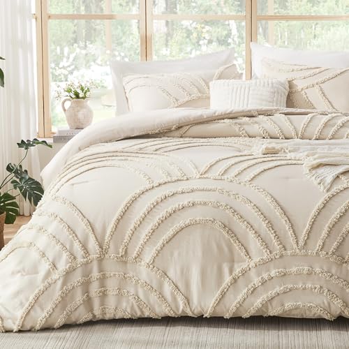 ENJOHOS Boho California King Comforter Set - Beige King Size Comforter Set, 3 Pieces Tufted Rainbow Bedding Comforters for All Season, Lightweight Soft Microfiber Comforter with 2 Pillow Cases - color: Beige Comforter, size: King