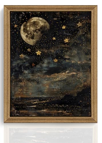 ICHZUMW Moon and Stars Celestial Canvas Wall Art, Mystical Moody Night Sky Poster Prints, Vintage Witchy Dark Academia Wall Decor, Framed Eclectic Gothic Home Decor for Desk Bedroom Bathroom, 8x10in - color: Moonlit Stars, size: 10"L x 8"W