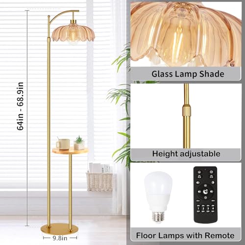 QIYIZM Gold Floor Lamp with Table and Shelves for Living Room Bedroom,Glass Standing Lamp with Remote Dimmable,Boho Brass Tall Lamp Vintage Farmhouse Arc Flower Floor Light Bohemian - size: 05-Floor Lamp