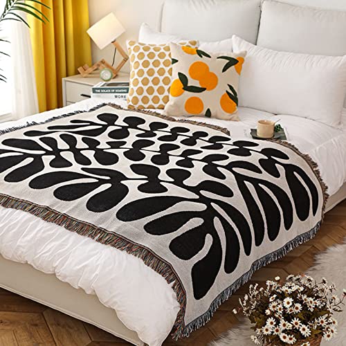 LumiSyne Double-Sided Cotton Woven Throw Blanket with Tassel Jungle Bohemian Style Tapestry Shawl Multi-Function Decorative Throws for Sofa Bed Armchair Camping Blanket Tablecloth Carpet 160x130cm - color: Vintage Leaves