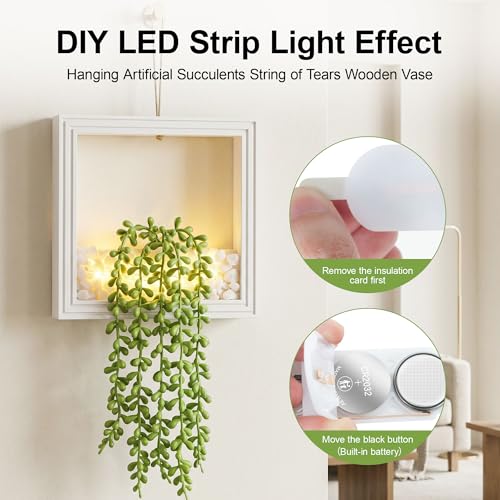 2 Pack Fake Plants Hanging, Artificial Succulents Plants in Square Wooden Frame with Glow Accents, Boho Wall Decor for Office Living Room Bathroom Bedroom Kitchen Indoor Outdoor, White - color: Ivory White