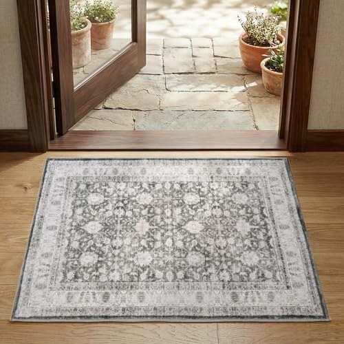 jinchan 2x3 Washable Vintage Floral Rug, Distressed Traditional Entryway Rug, Soft Low-Pile Non-Slip Accent Mat for Indoor Foyer, High-Traffic Kitchen Sink Laundry Room, Grey - color: Oriental Grey, size: 2' x 3' (Rectangular)