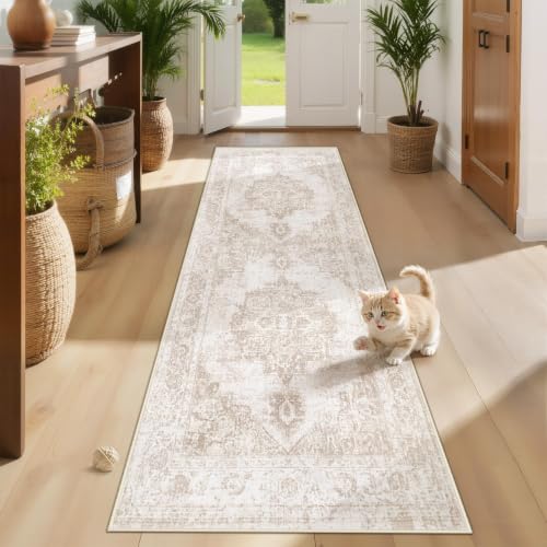Area Rug 2x7 Runner Rugs: Washable Vintage Hallway Rug Indoor Medallion Rugs Low Pile Distressed Floor Carpet Retro Accent Rug for Kitchen Bedroom Bathroom Dining Room(Beige, 2'x7') - color: Beige, size: 2' x 7' (Rectangular)