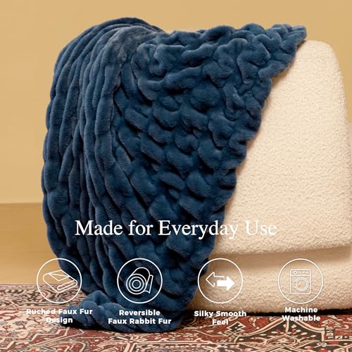 Faux Rabbit Fur Throw Blanket, Soft Plush Cozy Blanket for Couch Bed, Thick Fluffy Ruched Decorative Blanket, Giftable,50"x60",Blue - color: Blue, size: Throw(50"x60")