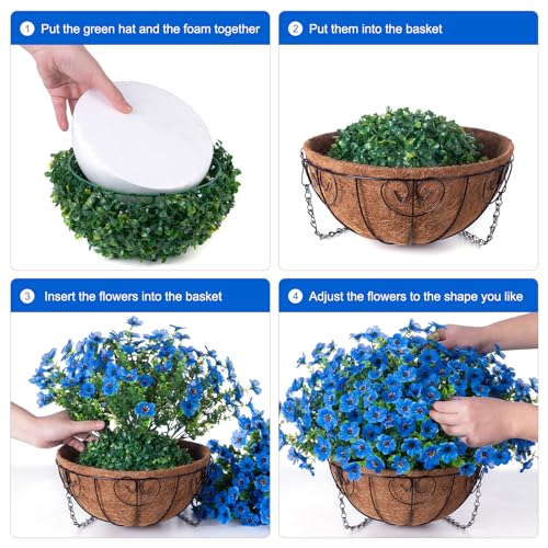 HyeFlora Artificial Fake Hanging Plants Flowers with Basket Outdoor Decor Faux Silk Daisy Flower Arrangements in Pot Planter for Porch Home Indoor Patio Garden Yard Decoration, Blue - color: Blue