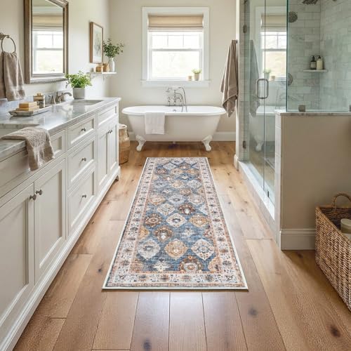 HOOBRO 2 x 6 Runner Rugs Washable, Area Rugs for Hallway Kitchen Bedroom Beside Laundry Bathroom Rug, Non-Slip Backing Stain Resistant Carpet, Pet Friendly Low Pile Soft Rug, Light Blue BU02AR01 - color: Light Blue, size: 2' x 6' (Rectangular)