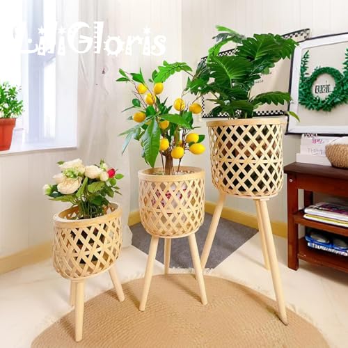 Boho rattan plant stand set of 2/3 – handwoven tall elevated wicker plant baskets for indoor plants, mid-century modern wooden planter holder with tripod legs,no-tool assembly，apartment gardening， farmhouse home decor, ideal gift for houseplant lovers - s