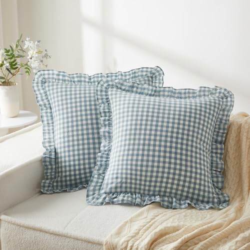 KKJIAF Ruffle Gingham Pillow Covers 18 x 18 Inches, Cotton Gingham Pillow Cases Set of 2, Linen Feel Ruffled Plaid Pillow Shams with Envelope Closure for Sofa Bed (Dusty Blue Plaid) - color: Dusty Blue Plaid, size: 18" x 18" (Pack of 2)