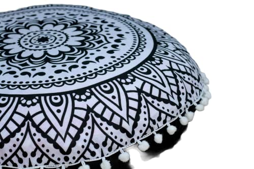 CRAFT KALA 32" Large Round Bohemian Floor Pillow Cover Boho Pouf Cover Mandala Meditation Room Pillows Cover Adults Seating Poufs Cushion Cover for Kids Reading Playroom Black Flower - color: Black Flower