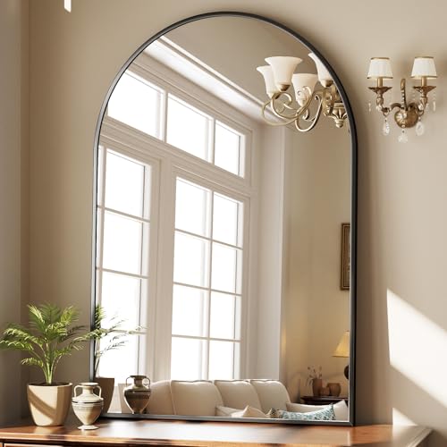 HARRITPURE Arched Bathroom Mirror - 30"x48" Black Large Wall Mounted Vanity Mirror Aluminum Alloy Frame Arch Wall Mirror for Living Room, Bedroom, Entryway - color: Black-1pcs, size: 48"L x 30"W