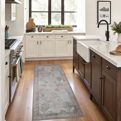 Bavni Kitchen Rug 2x5 Runner Rugs for Hallways Entryway, Washable Vintage Print Carpet, Ultra-Thin Chenille Low Pile Lightweight Rug with Non Slip Backing, Retro Grey - color: Retro Grey, size: 2' x 5' (Rectangular)