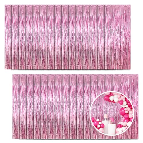 30 Pack Pink Foil Fringe Curtain Backdrop, 3.3x8.2 Feet Metallic Tinsel Streamer Curtains Photo Booth Props for Wedding/Birthday/Baby Shower/Valentine's Day/Princess Themed Party Decorations - color: Pink