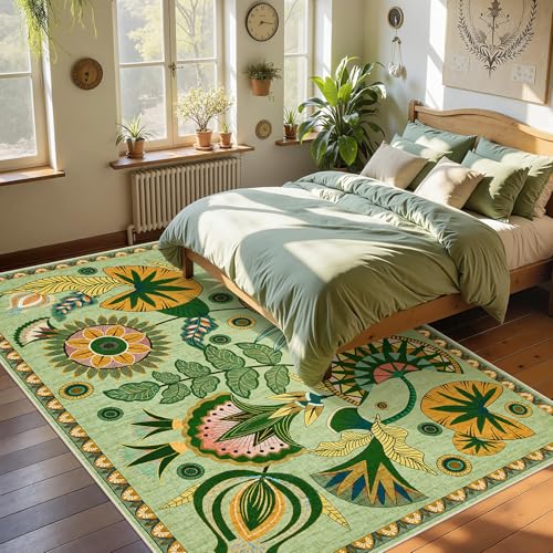 Joydeco Egypt Floral Boho Living Room Area Rug 6x9, Sage Green Washable Area Rug for Bedroom Dining Room Table, Non Slip Vintage Indoor Throw Carpet for Playroom Nursery Dorm Classroom, Green - color: Sage Green, size: 6' x 8'11" (Rectangular)