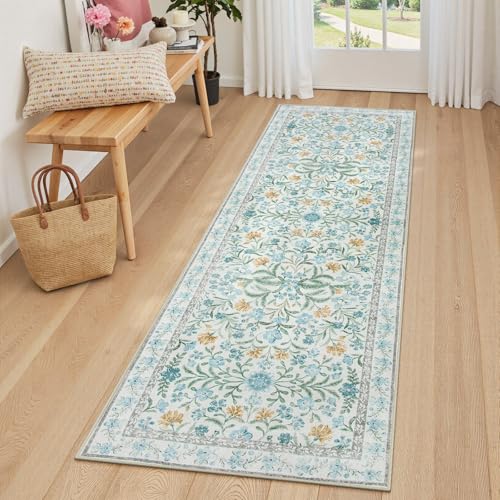 Lahome Sylvie Light Blue Runner Rug 2x6, Boho Floral Runners for Kitchen Floor, Machine Washable Soft Thin Indoor Throw Carpet Runners for Hallway Bathroom Laundry 6ft, Blue - color: Baby Blue, size: 2' x 6' (Runner)