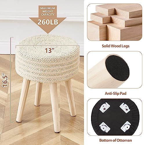 Cpintltr Round Ottoman Footstool Natural Seagrass Foot Stool Pouf Ottomans with Solid Wood Legs Hand Weave Hyacinth Footrest Step Stool for Living Room Balcony Garden Natural & Beige - color: Beige