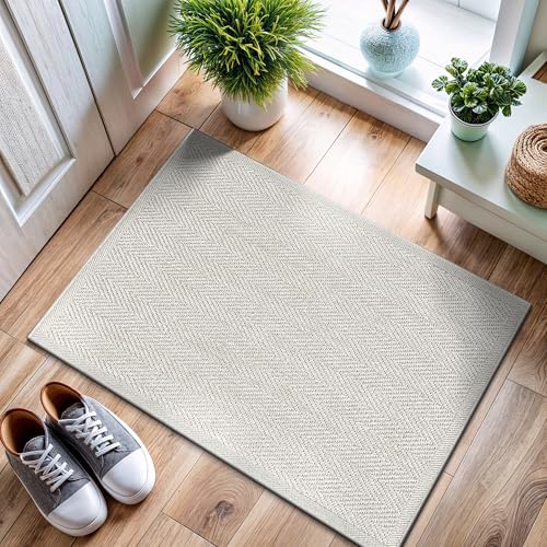CAMILSON Easy Jute Rug 2x3, Indoor Outdoor Off-White Color Fiber Area Rugs for Bathroom and Kitchen Rug, Herringbone Seagrass Boho Woven Design, Easy-Cleaning, Washable Outside Carpet Alfombras 2 x 3 - color: Herringbone/Bone, size: 2' x 3' (Rectangular)