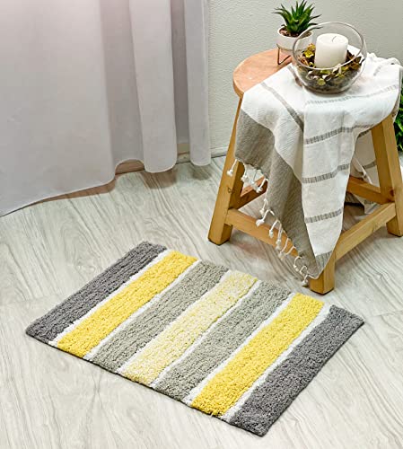 Chardin home Cordural Stripes Bath Mat, Set of 2 Bath Rugs (17 Inches x24 Inches & 21 Inches x34 Inches) | Non Slip Bathroom Rug, Machine Washable, Plush, Highly Absorbent | Yellow- Grey & White - color: Yellow-grey