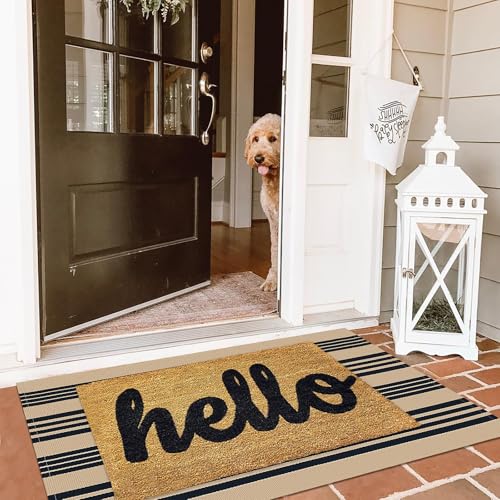 KILOCOCO Striped Rug 2.3'x3.6' Indoor Outdoor Rugs Front Door Mat Hand Woven Cotton Washable Striped Layered Doormats for Front Door/Kitchen/Farmhouse/Entryway/Patio, Brown - color: Brown and Black Stripe, size: 2'4" x 3'7" (Rectangular)