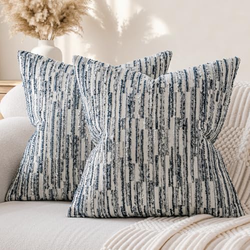 a moment Boho Throw Pillow Covers Set of 2,Striped Decorative Rustic Farmhouse Pillow Cases,Aesthetic Modern Home Decor Couch Cushion Covers for Bed Sofa Living Room 20"X20" Blue - color: Blue, size: 20" x 20" (Pack of 2)