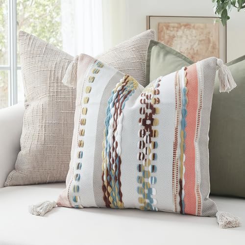PANOD Chenille Farmhouse Throw Pillow Covers 18 x 18 Red Brown, Neutral Boucle Couch Pillow Cover, Striped Decorative Boho Coushion Cover Pillow Case for Couch Bed Sofa Bedroom,Modern Accent,Set of 2 - color: Red Tone, size: 18" x 18" (Pack of 2)