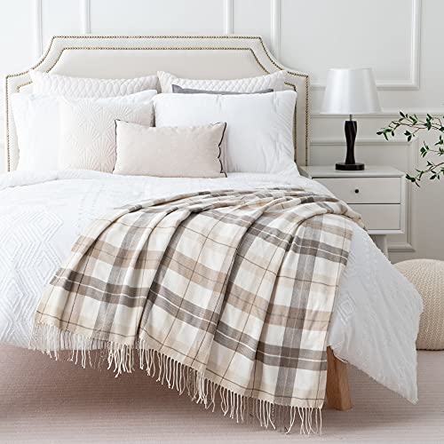 BATTILO HOME Fall Plaid Throw Blanket for Couch, Farmhouse Checkered Decor Throw, Lightweight Beige Throw Blankets for Bed Sofa Neutral Fall Decor, 49"x63" - color: Grey&white
